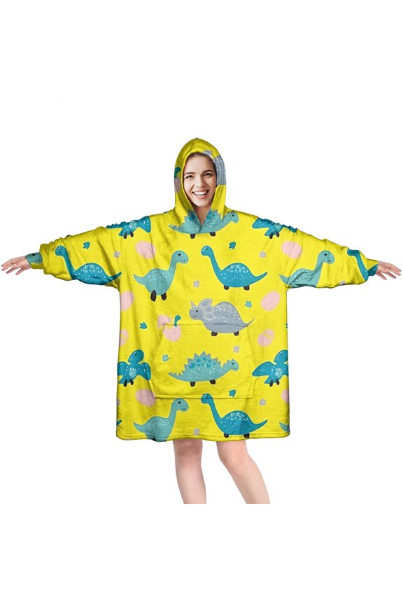 Wearable Oversized Blanket,Yellow Cartoon Dinosaurs Eggs Pattern Wearable Blanket Hoodie for Adults,Cozy Hooded Blankets with Super Pockets,Super Warm Fuzzy Pullover for Women & Men