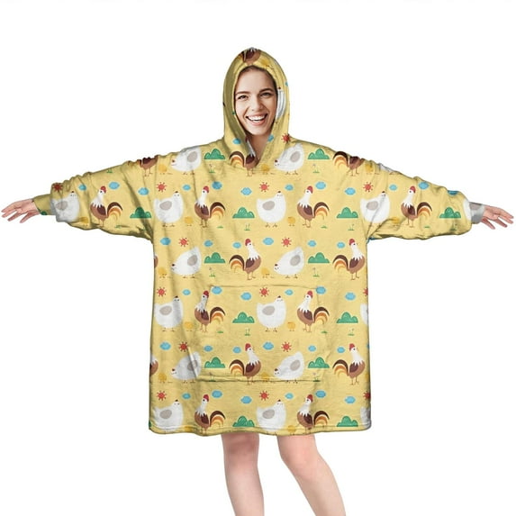 Wearable Oversized Blanket,Yellow Chicken White Hen Pattern Wearable Blanket Hoodie for Adults,Cozy Hooded Blankets with Super Pockets,Super Warm Fuzzy Pullover for Women & Men