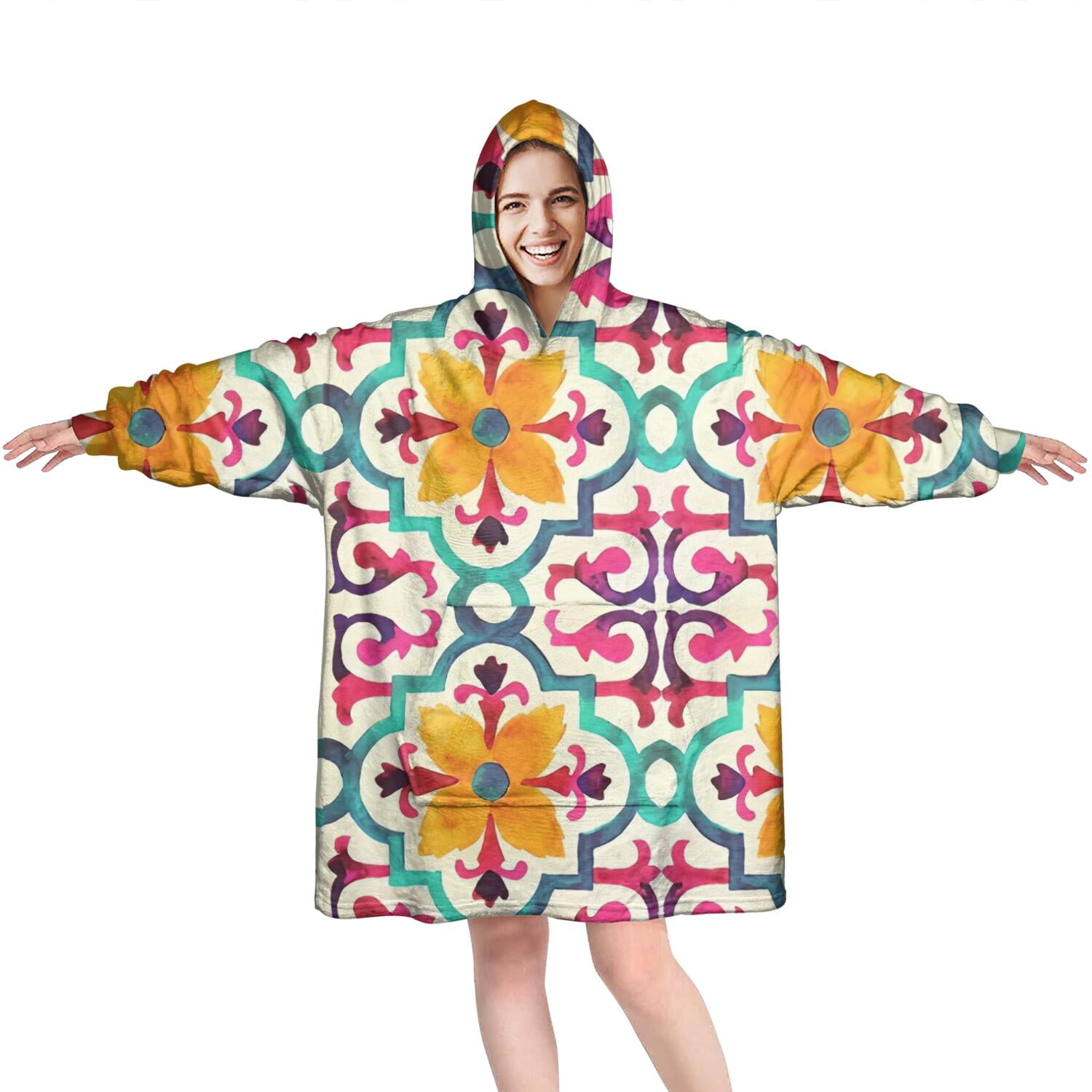 Wearable Oversized Blanket,Yellow Ethnic Floral Pattern Wearable Blanket Hoodie for Adults,Cozy Hooded Blankets with Super Pockets,Super Warm Fuzzy Pullover for Women & Men