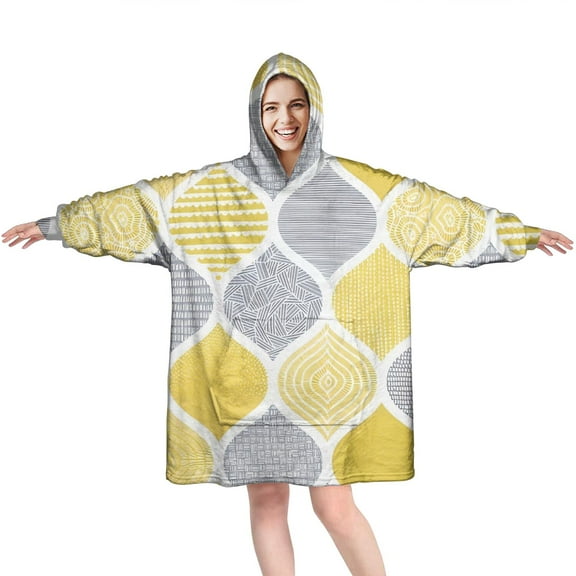 Wearable Oversized Blanket,Yellow and Gray Geometric Quatrefoil Pattern Wearable Blanket Hoodie for Adults,Cozy Hooded Blankets with Super Pockets,Super Warm Fuzzy Pullover for Women & Men