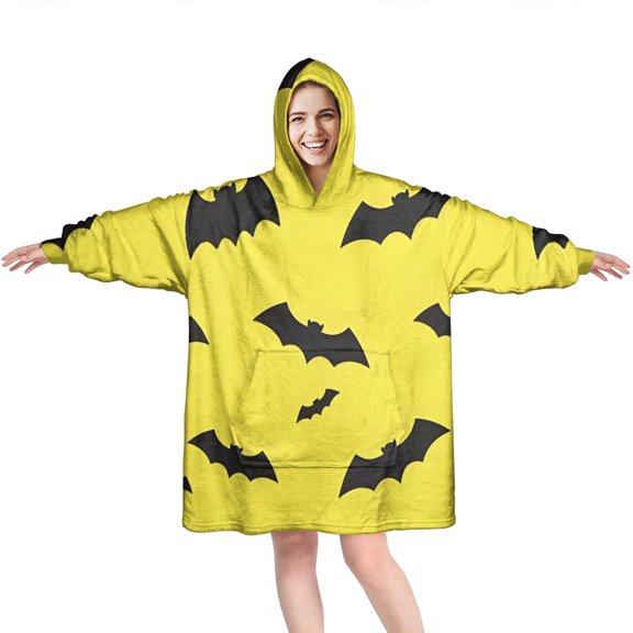 Wearable Oversized Blanket,Yellow Halloween Bats Wearable Blanket Hoodie for Adults,Cozy Hooded Blankets with Super Pockets,Super Warm Fuzzy Pullover for Women & Men