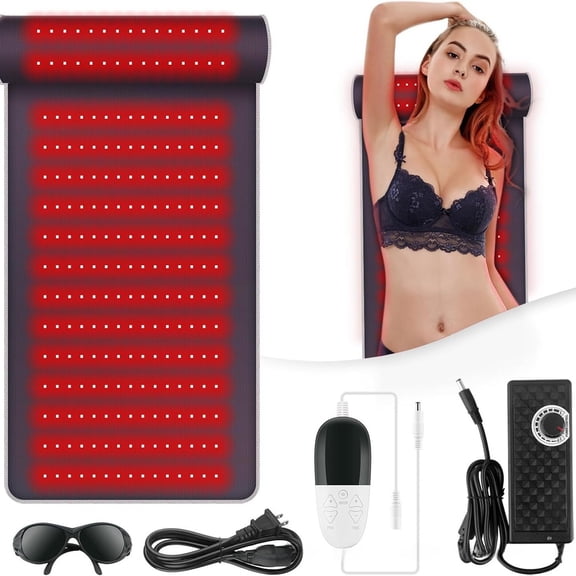 Wearable-Style 225 LED Red Light Full Back Heating Mat with Neck Roll, 12V 55W Leatherette Thermal Body Pad with 5 Temp Modes and Goggles for Home Use