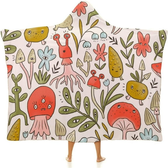 Wearable Throw Blanket Hoodie Warm Cozy Oversized Cloak Coat Onesie Mushrooms And Plants for Women Men Kids Teens Home Travel Camping Cartoon Forest Magic