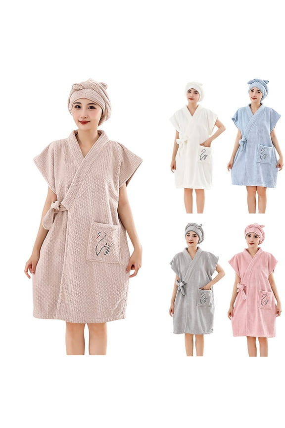 Wearable Towel Dress for Women Bath Wrap Robe with Hair Drying Cap Soft Absorbent Sleepwear Spa Loungewear Gown