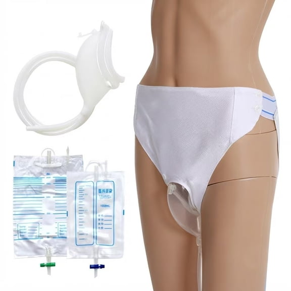 Wearable Urinal System with Reusable Silicone Funnel, Washable Fixation Briefs, and Drainage Bags