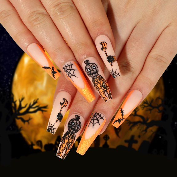 Wearable nail sticker Halloween nail art orange French glitter pumpkin spider web bat nail art wholesale