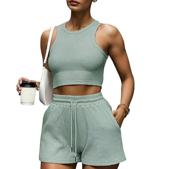 Weardear 2 Piece Women Lounge Sets Sleeveless Crop Top and Shorts Waffle Lounge Set Tracksuits Sweatsuits for Women