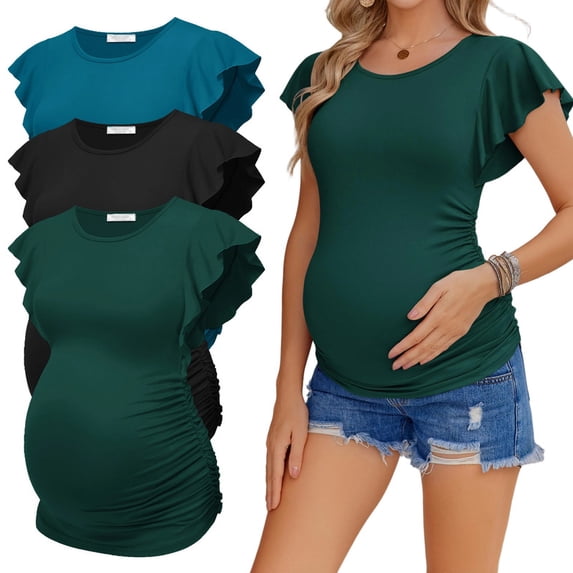 Weardear Maternity Shirts Flying Short Sleeve Side Ruched Pregnancy Tops (3 Pack)