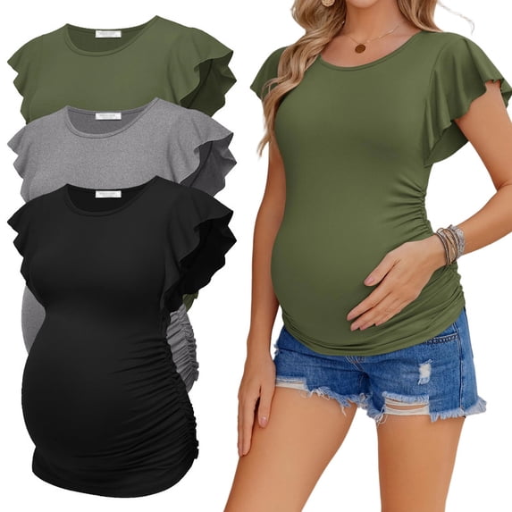 Weardear 3 Pack Maternity Shirts Flying Short Sleeve Side Ruched Pregnancy Tops Crew Neck Postpartum Clothes