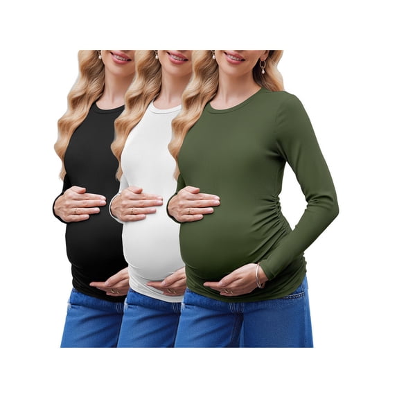 Weardear 3 Pack Maternity Shirts Ruched Side Long Sleeve Pregnancy Basic T-Shirt Casual Round Neck Pregnant Tops