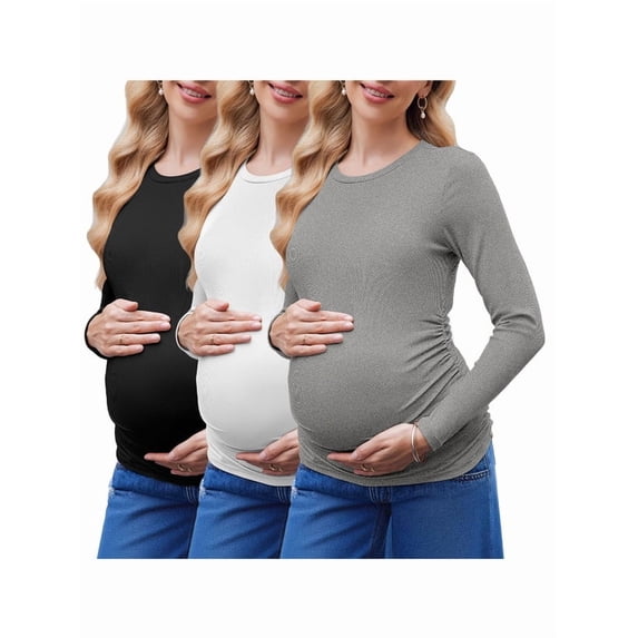 Weardear 3 Pack Maternity Shirts Ruched Side Long Sleeve Pregnancy Basic T-Shirt Casual Round Neck Pregnant Tops