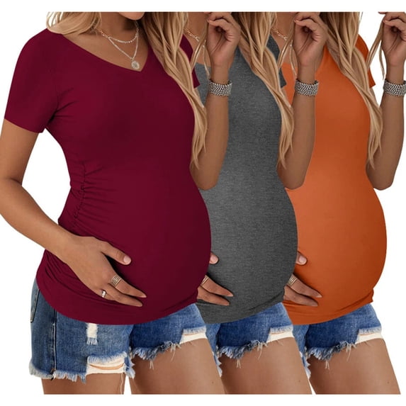 Weardear 3 Pack Maternity Shirts Side Ruched Pregnant Tee Tops V Neck Short Sleeve Pregnancy Clothes