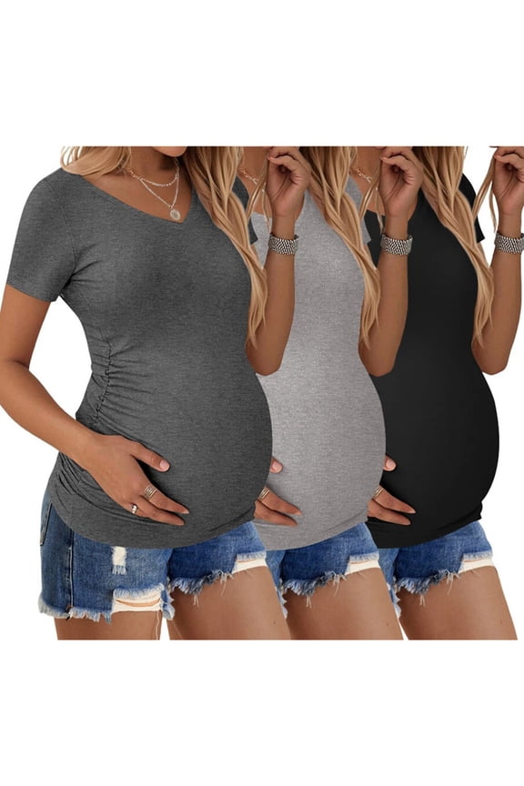 3 Pack Maternity Shirts Side Ruched Pregnancy Tee Tops V Neck Short Sleeve Postpartum Clothes