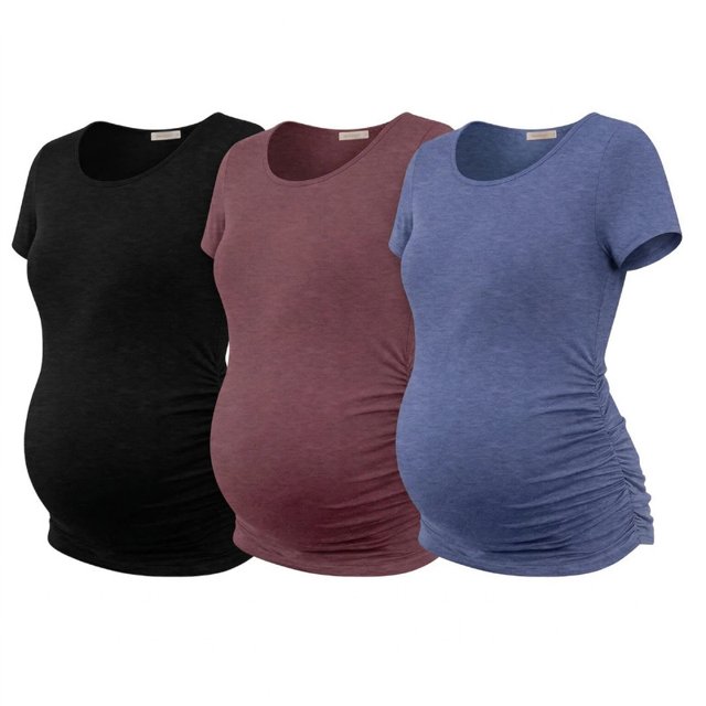Weardear 3 Pack Maternity Shirts Side Ruched Short Sleeve Pregnancy Tee Tops Crew Neck Tunic