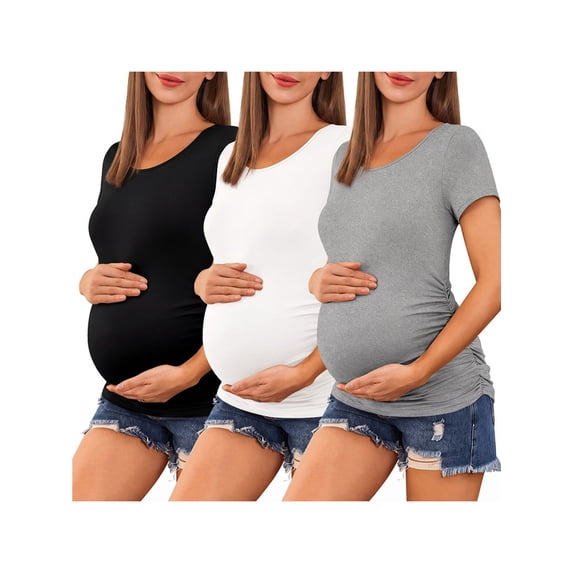 Weardear 3 Pack Maternity Shirts Side Ruched Short Sleeve Pregnancy Tee Tops Crew Neck Tunic