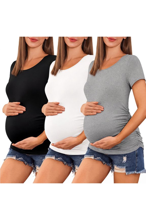 3 Pack Maternity Shirts Side Ruched Short Sleeve Pregnancy Tee Tops Crew Neck Tunic