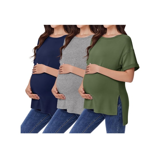 Weardear 3 Pack Maternity Shirts Split Side Loose Pregnancy Tops Crew Neck Short Sleeve Maternity Clothes