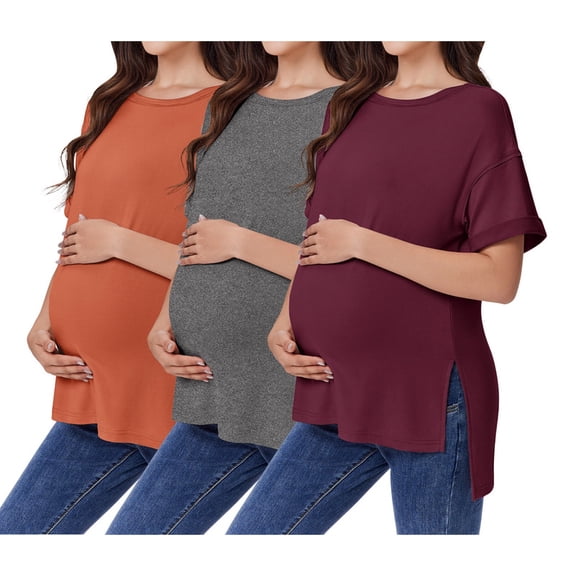 Weardear 3 Pack Maternity Shirts Split Side Oversized Pregnancy Tops Crew Neck Short Sleeve Postpartum Clothes