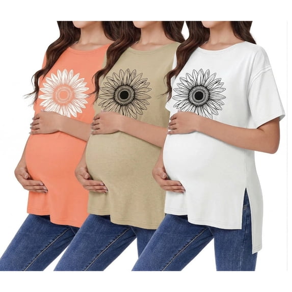 Weardear 3 Pack Maternity Shirts Split Side Oversized Pregnancy Tops Crew Neck Short Sleeve Postpartum Clothes