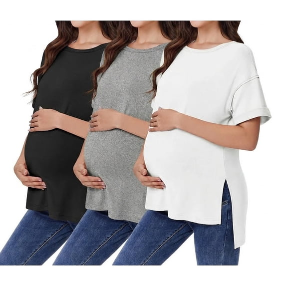 Weardear 3 Pack Maternity Shirts Split Side Oversized Pregnancy Tops Crew Neck Short Sleeve Postpartum Clothes