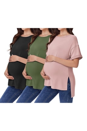 3 Pack Maternity Shirts Split Side Oversized Pregnancy Tops Crew Neck Short Sleeve Postpartum Clothes