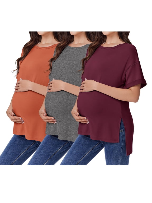 3 Pack Maternity Shirts Split Side Loose Pregnancy Tops Crew Neck Short Sleeve Maternity Clothes