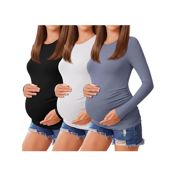 Weardear 3 Pack Maternity Shirts Womens Long Sleeve Side Ruched Tunic Tops High Elasticity Pregnancy Clothes Crew Neck Basic T Shirt