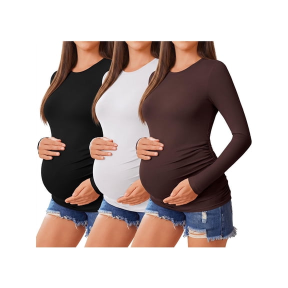 Weardear 3 Pack Maternity Shirts Womens Long Sleeve Side Ruched Tunic Tops High Elasticity Pregnancy Clothes Crew Neck Basic T Shirt