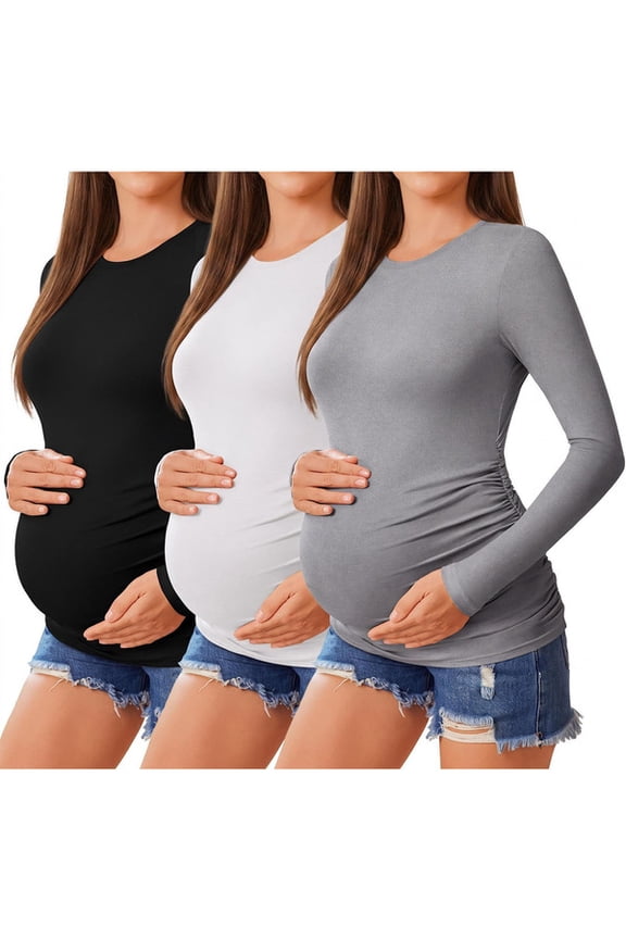 3 Pack Maternity Shirts Womens Long Sleeve Side Ruched Tunic Tops High Elasticity Pregnancy Clothes Crew Neck Basic T Shirt