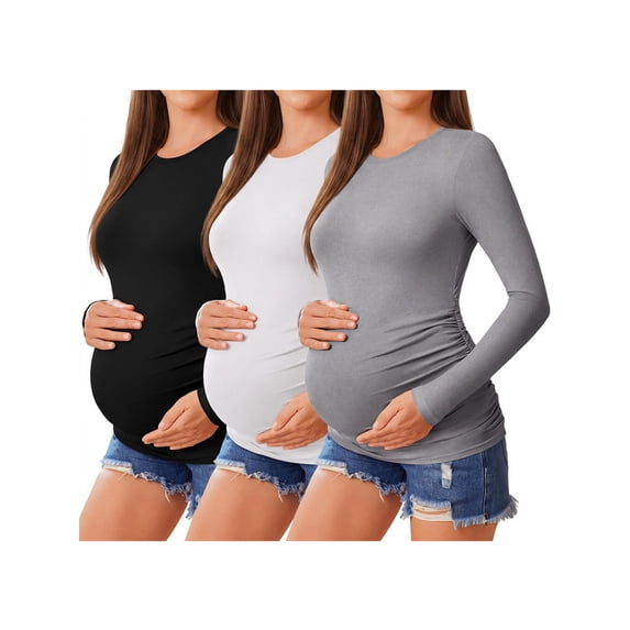 Weardear 3 Pack Maternity Shirts Womens Long Sleeve Side Ruched Tunic Tops High Elasticity Pregnancy Clothes Crew Neck Basic T Shirt