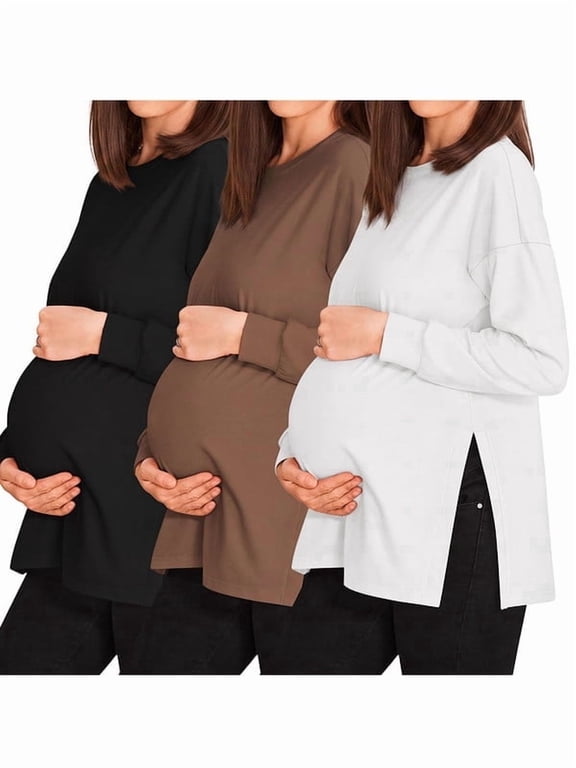 3 Pack Maternity Shirts Womens Long Sleeve Split Side Tunic Tops Casual Pregnancy Clothes