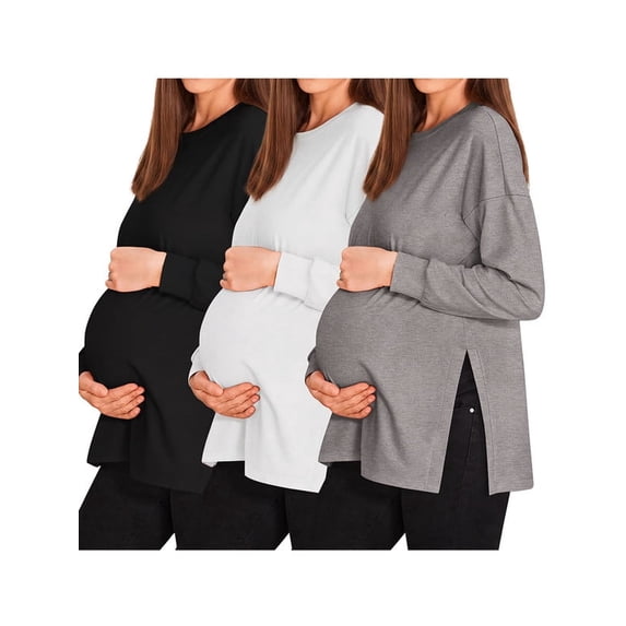 Weardear 3 Pack Maternity Shirts Womens Long Sleeve Split Side Tunic Tops Drop Shoulder T Shirt Casual Pregnancy Clothes
