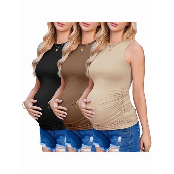 Weardear 3 Pack Maternity Tank Tops Ribbed Knit Ruched Side Pregnancy Shirts Sleeveless Crew Neck Postpartum Clothes