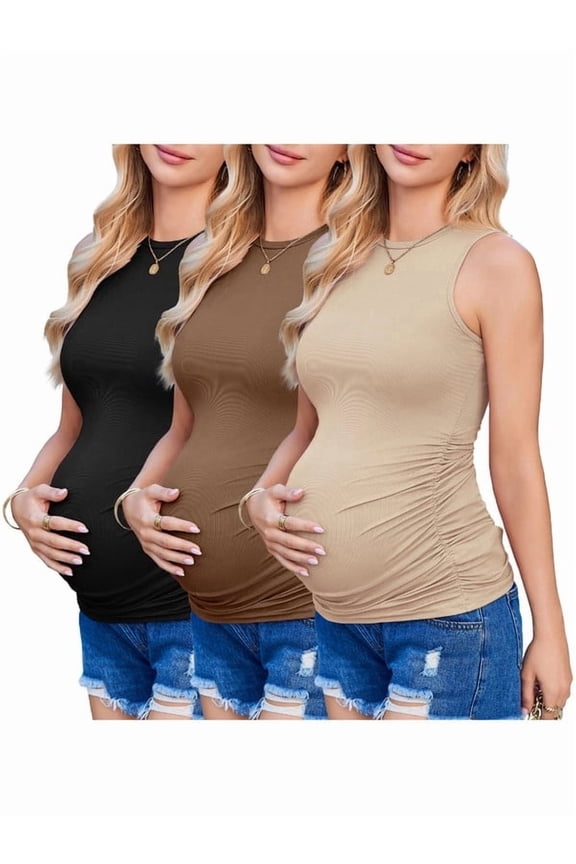3 Pack Maternity Tank Tops Ribbed Knit Ruched Side Pregnancy Shirts Sleeveless Crew Neck Postpartum Clothes