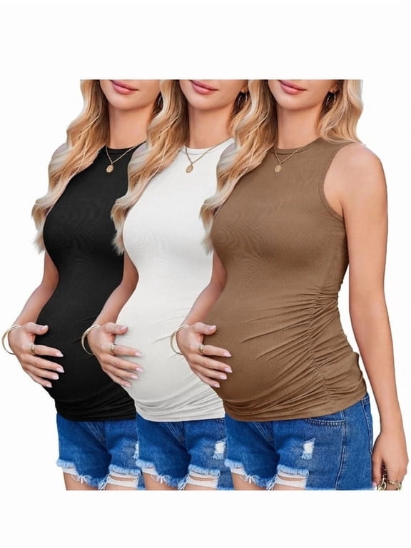 3 Pack Maternity Tank Tops Ribbed Knit Ruched Side Crew Neck Pregnancy Clothes