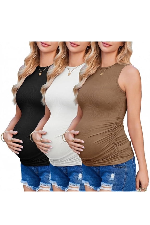 3 Pack Maternity Tank Tops Ribbed Knit Ruched Side Pregnancy Shirts Sleeveless Crew Neck Postpartum Clothes