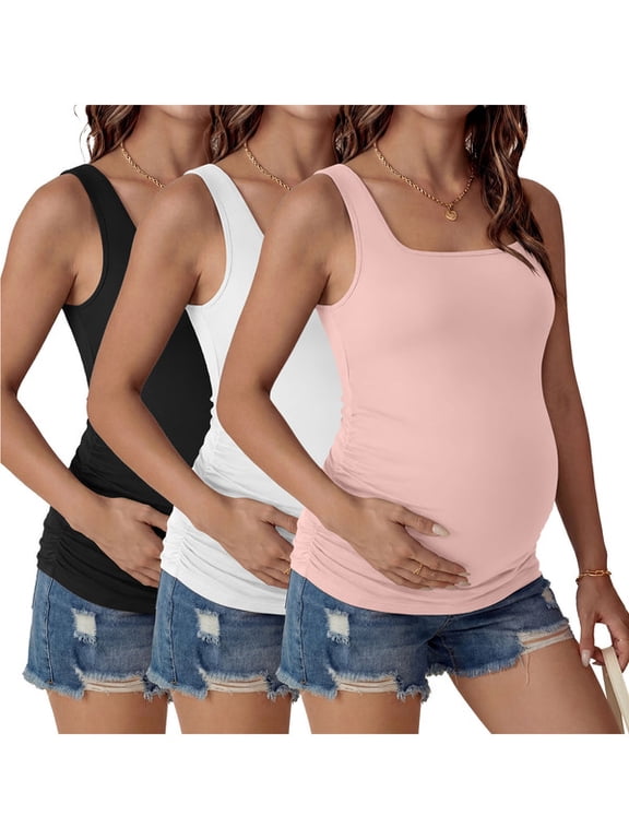 3 Pack Women's Maternity Tank Tops Square Neck Ruched Side Pregnant Basic T Shirt Casual Sleeveless Pregnancy Tunic Tops