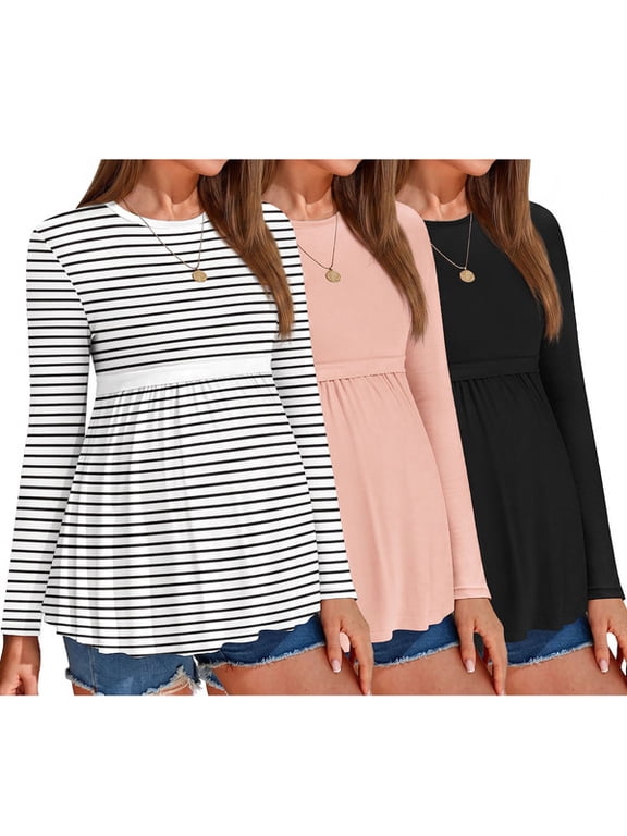 3 Pack Womens Maternity Tops Pleated Long Sleeve Pregnancy Shirts Tunic Casual Maternity Clothes