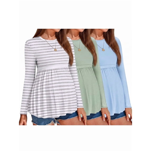 Weardear 3 Pack Womens Maternity Tops Pleated Long Sleeve Pregnancy Shirts Regular Fit Tunic Casual Maternity Clothes