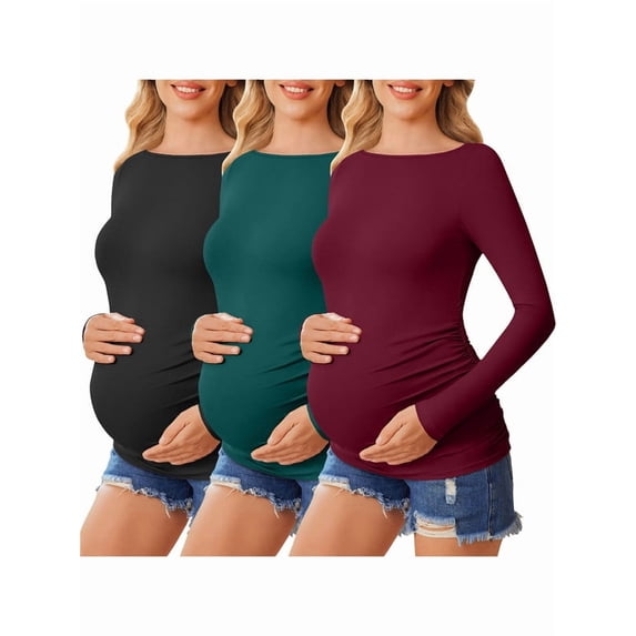 Weardear 3 Packs Maternity Tops Long Sleeve Boat Neck Pregnancy Tunic T Shirts Side Ruched Casual Pregnant Clothes