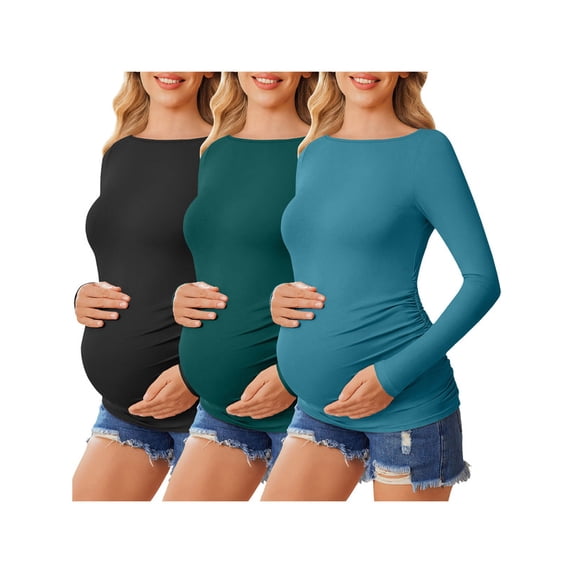 Weardear 3 Packs Maternity Tops Long Sleeve Boat Neck Pregnancy Tunic T Shirts Side Ruched Casual Pregnant Clothes