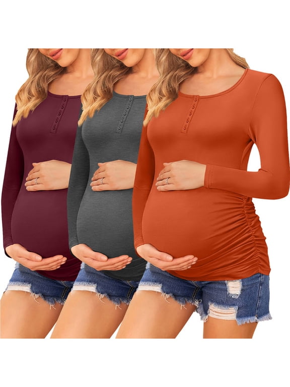 3 Packs Women's Maternity Shirts Button Up Henley Neck Pregnancy Tops Long Sleeve Side Ruched Pregnant T Shirt for Postpartum