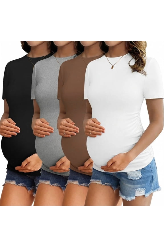 4 Pack Maternity Shirts Side Ruched Pregnancy Tee Tops Crew Neck Short Sleeve Postpartum Clothes