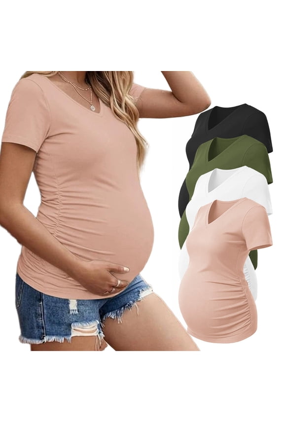 4 Pack Maternity Shirts Side Ruched Pregnancy Tee Tops V Neck Short Sleeve Postpartum Clothes