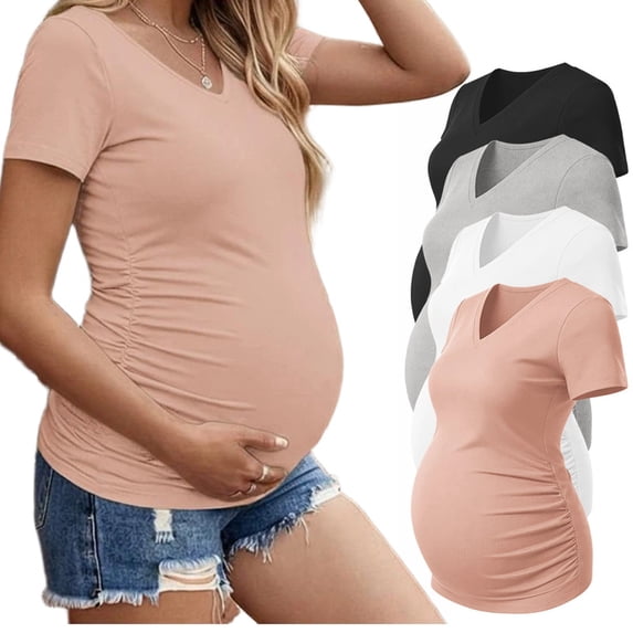 Weardear 4 Pack Maternity Shirts Side Ruched Pregnant Tee Tops V Neck Short Sleeve Pregnancy Clothes