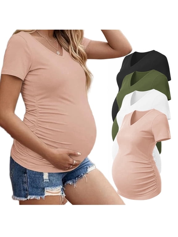 4 Pack Maternity Shirts Side Ruched Pregnant Tee Tops V Neck Short Sleeve Pregnancy Clothes