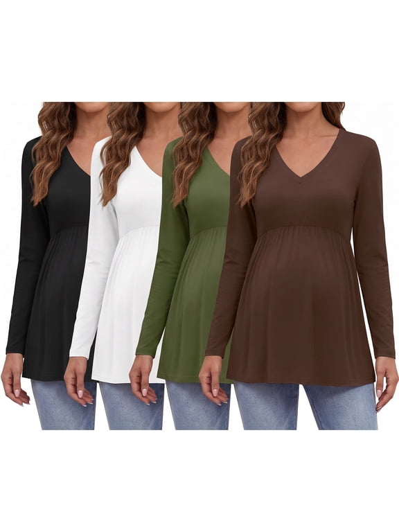 4 Packs Maternity Shirts V Neck Long Sleeve Pleated Waist Pregnancy Tops