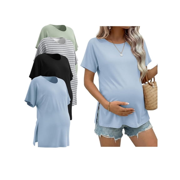 Weardear 4 Packs Maternity Shirts Crew Neck Batwing Short Sleeve Pregnancy Tunic Tops Split Side Summer T Shirt for Women