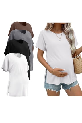 4 Packs Maternity Shirts Crew Neck Batwing Short Sleeve Pregnancy Tunic Tops Split Side Summer T Shirt for Women