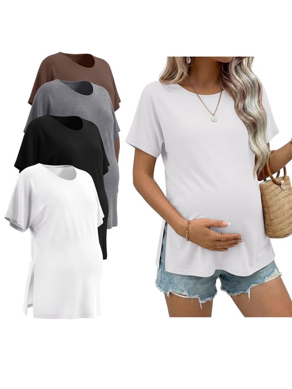 4 Packs Maternity Shirts Crew Neck Batwing Short Sleeve Pregnancy Tunic Tops Split Side Summer T Shirt for Women